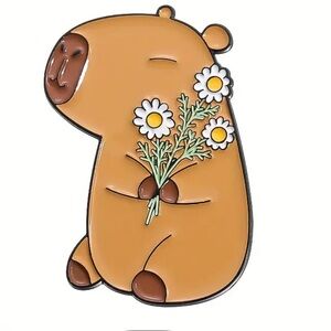 Capybara Holding Flowers Enamel Metal Pin